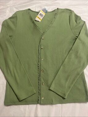 Jennifer Moore Sage Green Ribbed Button-Front V-Neck cotton Cardigan
